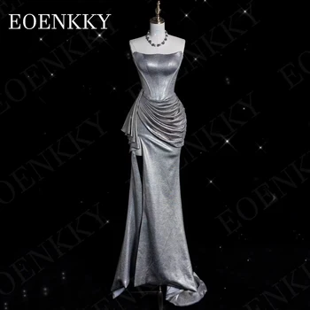 실버 인어 무도회 원피스, 스플릿 포함, 스트랩리스 플리츠, 섹시한 디너 드레스, 우아한 파티 민소매 스윕 트레인스플릿 실버 머메이드 가운 스트랩리스 플리츠 섹시 이브닝 드레스 우아한 여성용  파티 슬리브리스 스위핑 가운