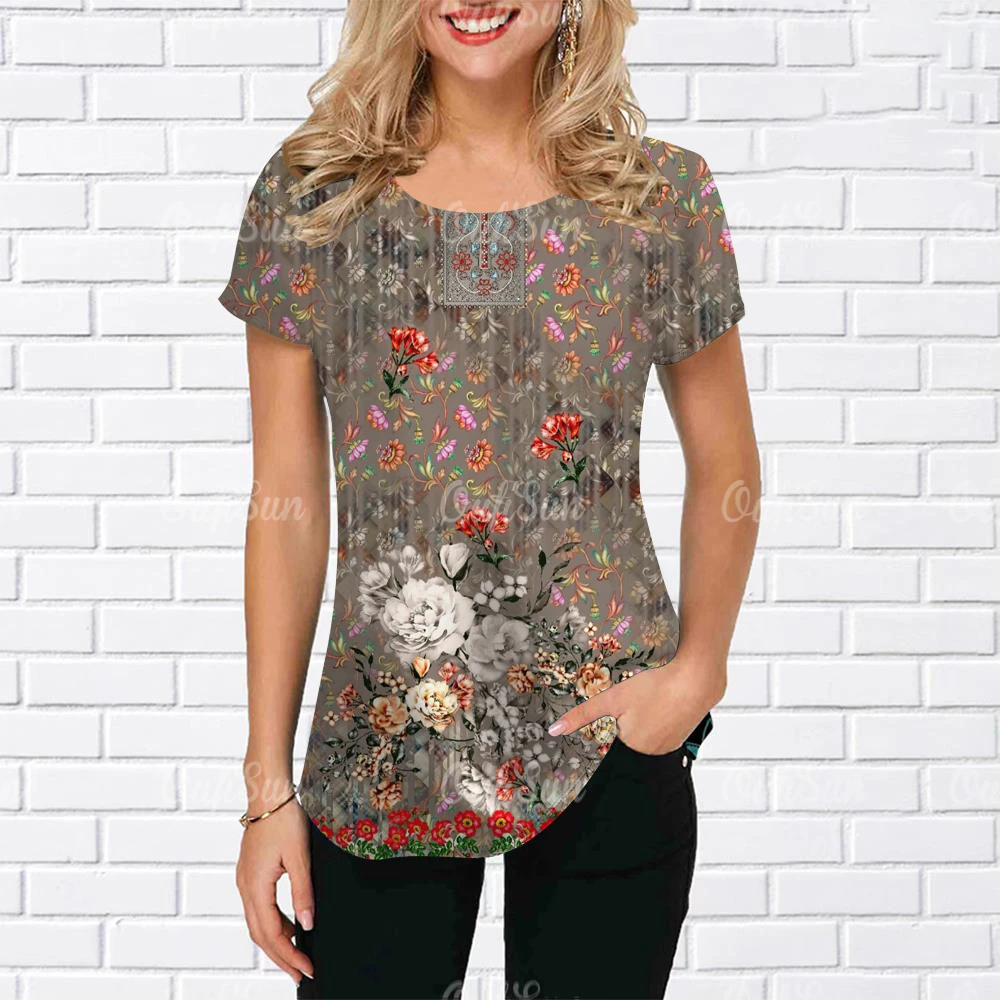 T-shirt à imprimé floral Y2K pour femmes, style Harajuku, vêtements pour dames, col rond, manches courtes, chemisier décontracté, été