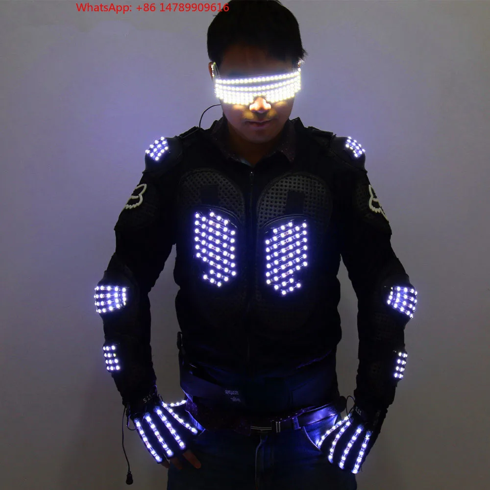 

LED Luminous Robot CostumeFashion LED Armor Unisex LED Outfit Luminous Ballroom Peorce Wear Includes Jacket Gloves Glasses For