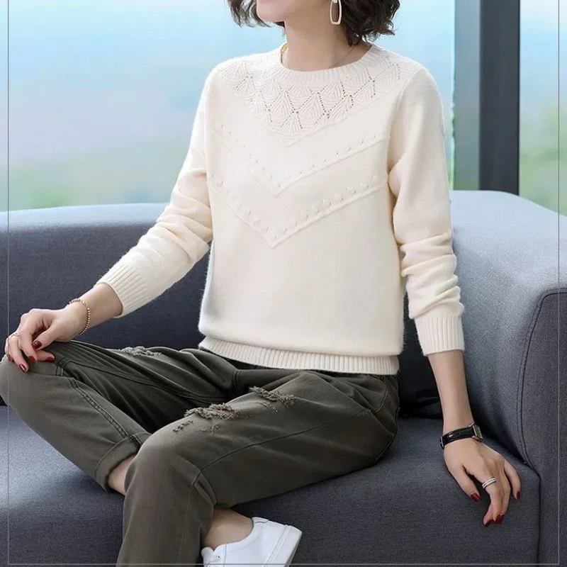 Autumn Winter Women\'s Clothing Round Neck Solid Color Pullover Lantern Long Sleeve Geometric Sweater Knitted Casual Elegant Tops