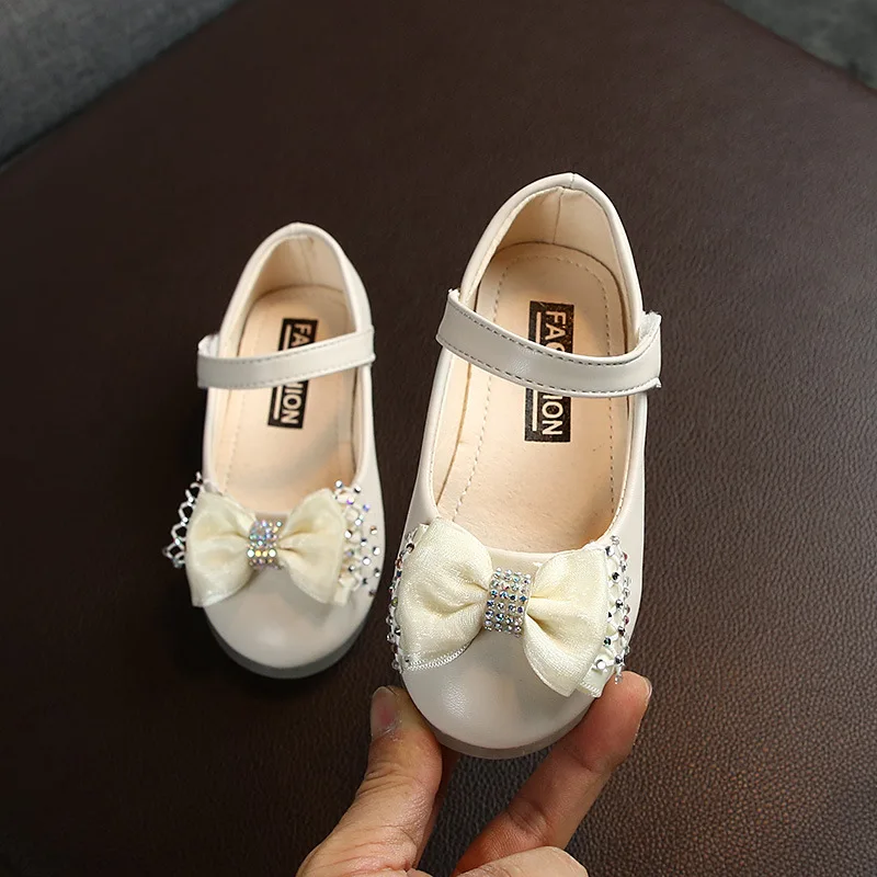 White Shoes For Girls Kids Wedding Dress Shoes Bow-knot Bowtie Sweet Crystal Children\'s Leather Flats Toddlers Girls Shoes 22-31