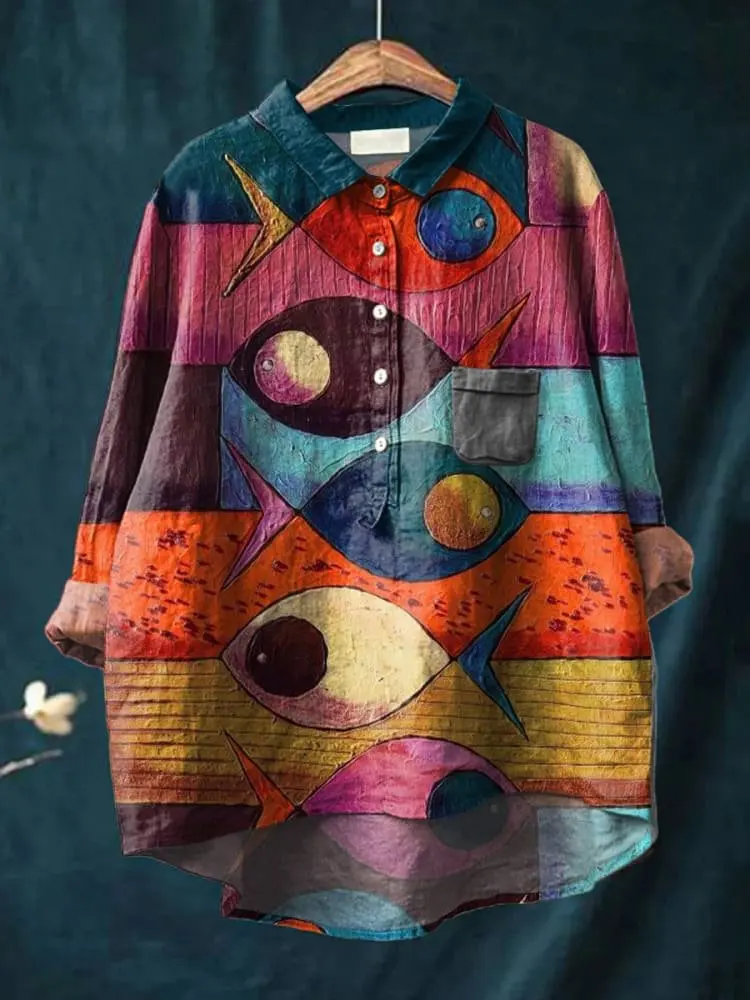 

New 3D printed fish animal art pattern fashionable women's lapel long-sleeved shirt spring casual tube open shirt