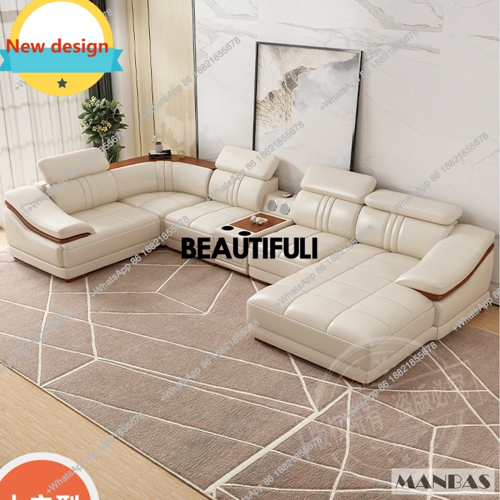 C139 Elegant Leather Sectional Sofas Sets with Cup Holder, Adjustable Headrests & Bluetooth Speaker - MINGDIBAO Living Room Couc