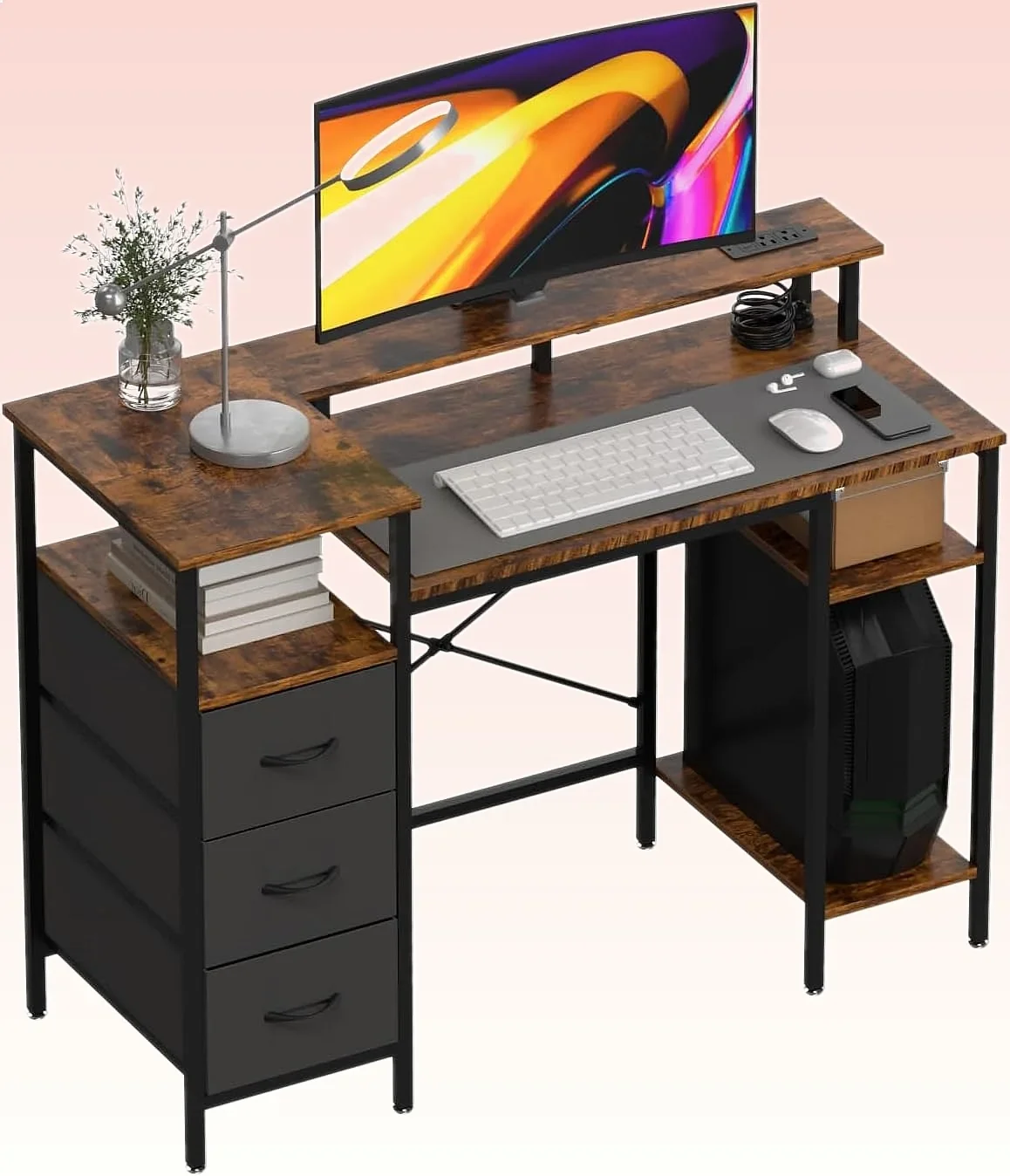 

VINGLI 47" L-Shaped Computer Desk with Fabric Drawers, Charging Station & Monitor Stand