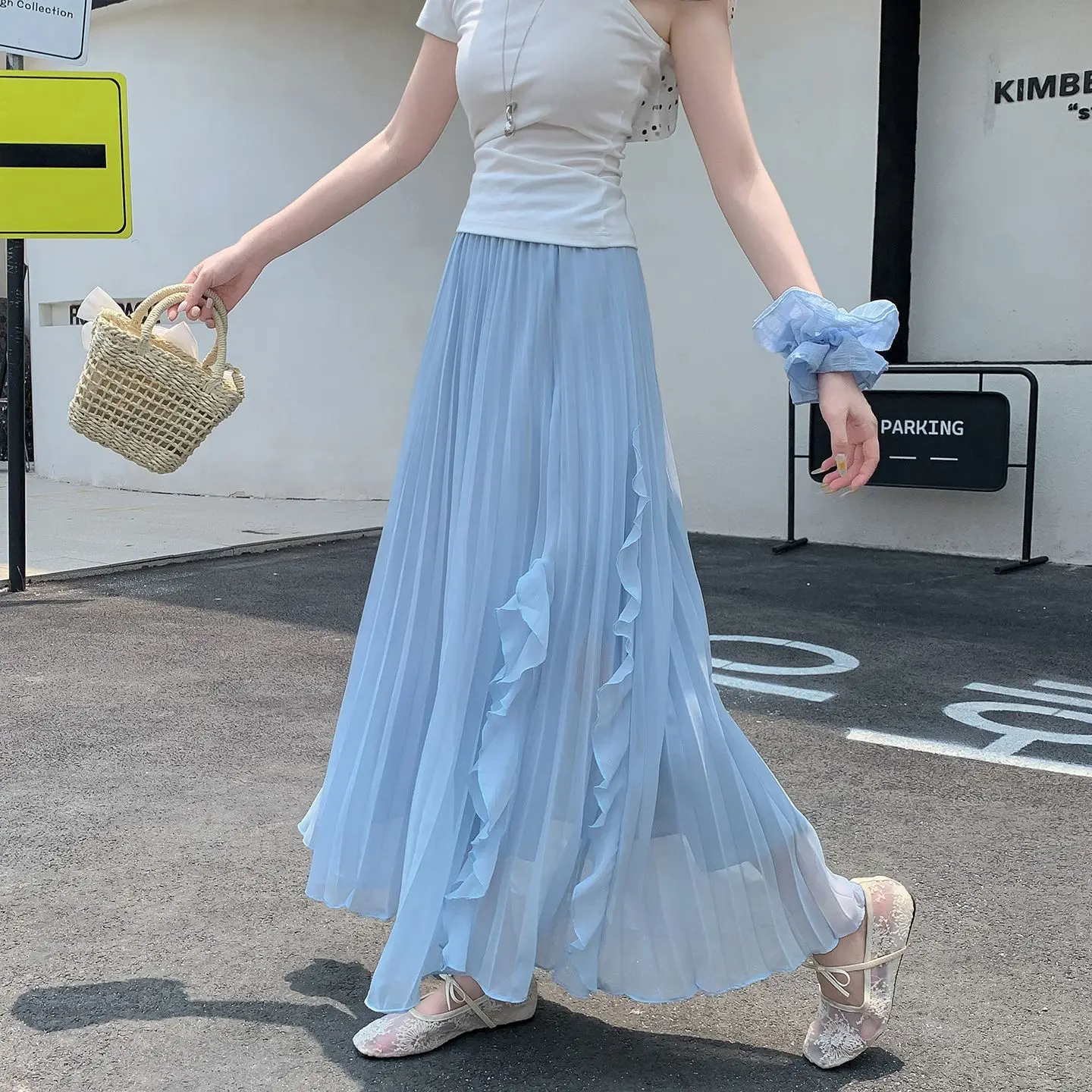 

Gagarich Sweet Chiffon Ruffle Edge Split Half Women Summer 2025 New Irregular Pleated Drooping Long Skirt Large Swing