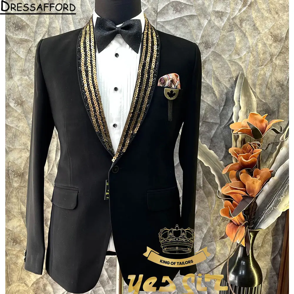 Black Sequined Beading Formal Men Suits 2 Piece Fashion Business Casual Wear Party Wedding Groom Tuxedo Jacket And Pants