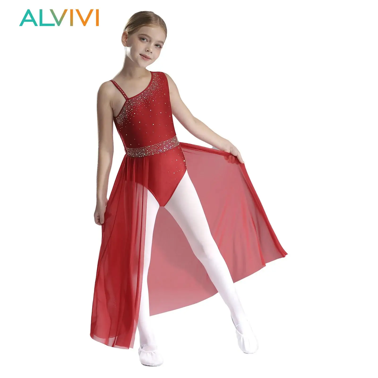 Kids Girls Gymnastics Leotard Artistic Figure Skating Ballet Jersey Lyrical Dance Costume Glittery Rhinestones Performance Dress