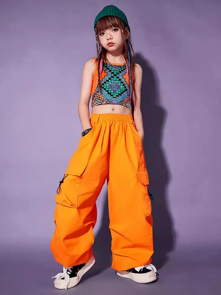 Orange Pants Loose Street Dance Stage Outfit Kpop Girls Jazz Dance Clothes Summer Kids Hip Hop Performance Clothing Vest