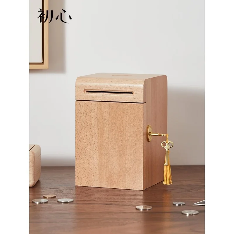 Wooden Saving Pot Large Capacity Coin Paper Money Saving Box with Key Lock Children Gift Mini Cash Box