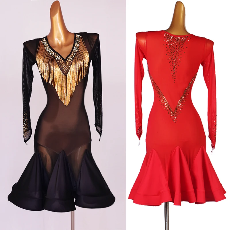 

New Latin Dance Competition Dress For Women Long Sleeve Shiny Golden Fringe See Through Sexy Rumba Tango Samba Clothes DQL5304