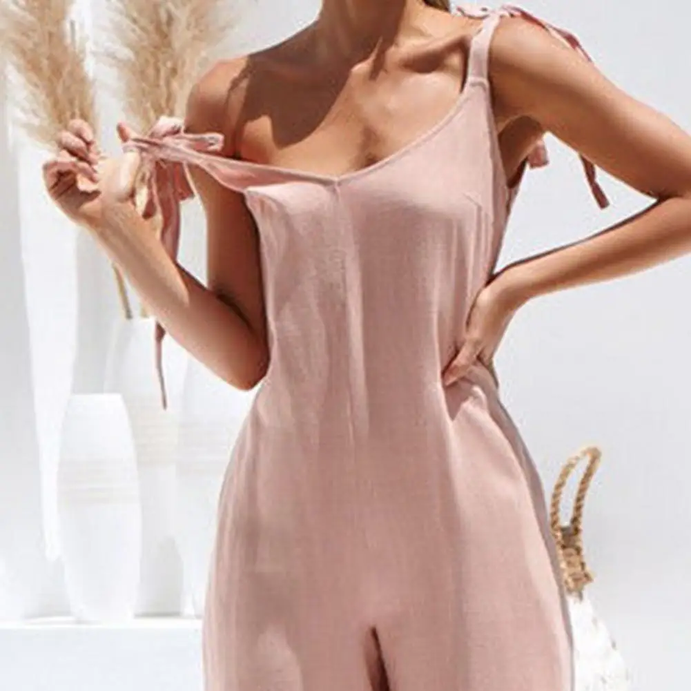 

Casual Jumpsuit Women Spaghetti Strap Sleeveless Loose Wide Leg Rompers with Large Pocket Pants Summer Solid Bib Overalls Outfit