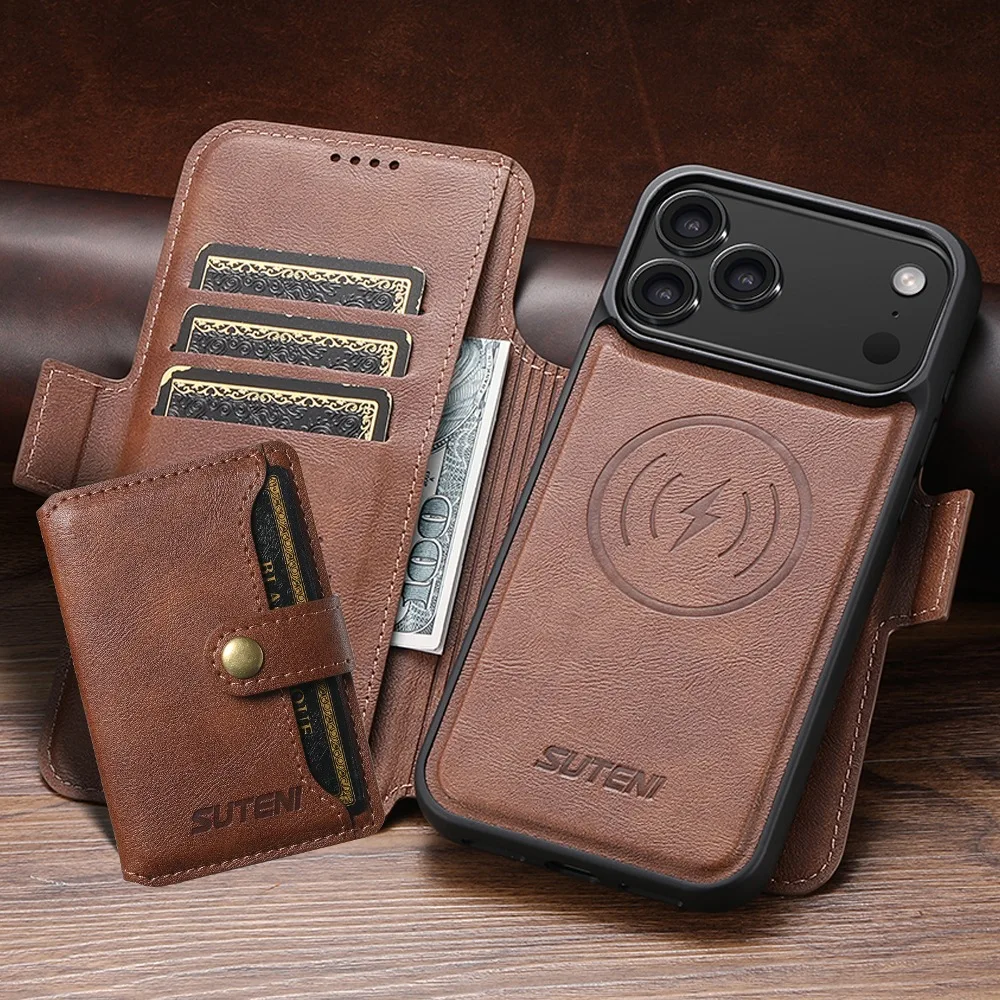 حافظة محفظة قابلة للفصل مع غطاء هاتف مغناطيسي قابل للطي لهاتف iPhone 17 Air 16 15 14 13 12 Pro Max مع دعم الشحن اللاسلكي