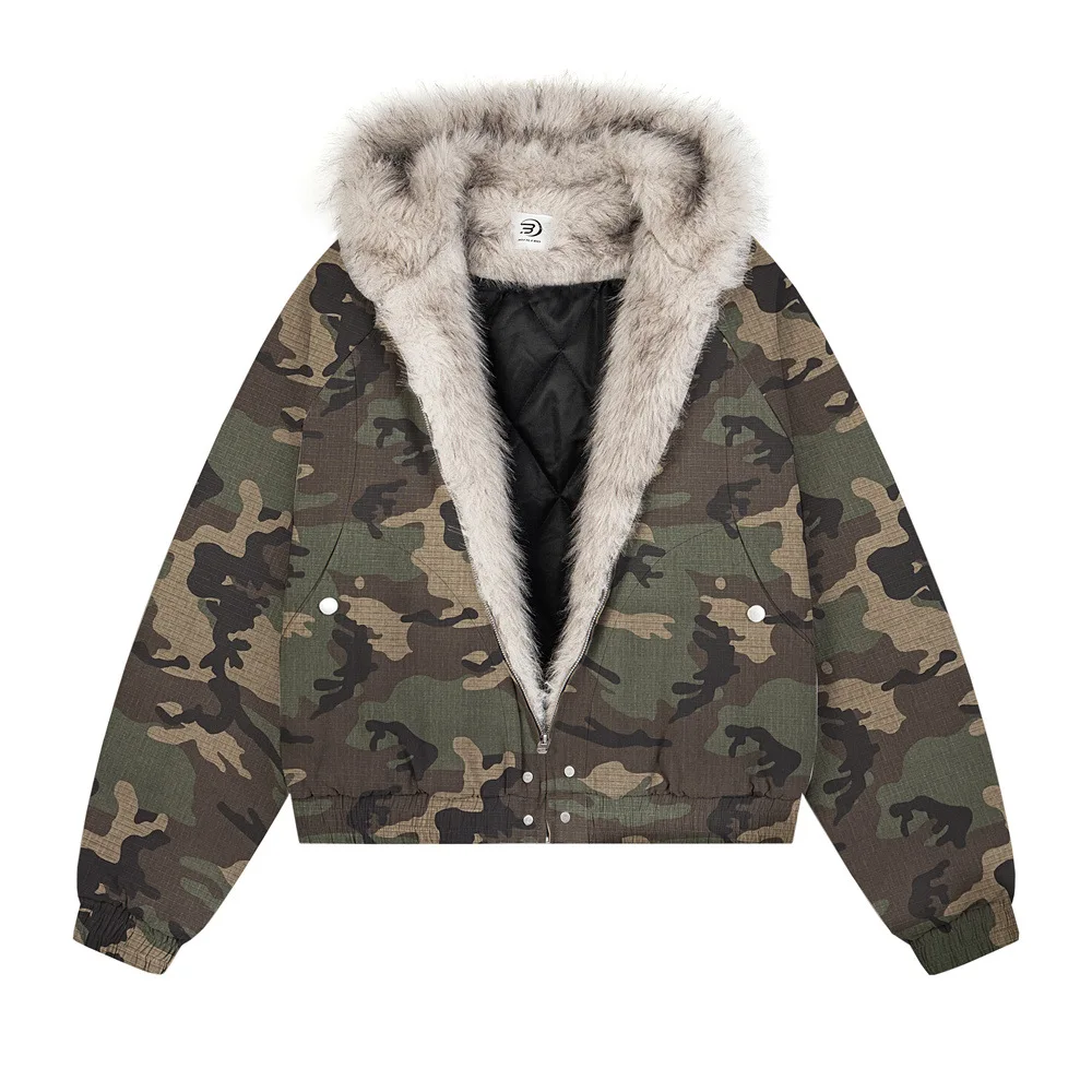 

Winter Thickened Short Cotton Jacket Camouflage Design Pocket Canvas Workwear Fur Collar Hooded Cotton Jacket Men's Trendy