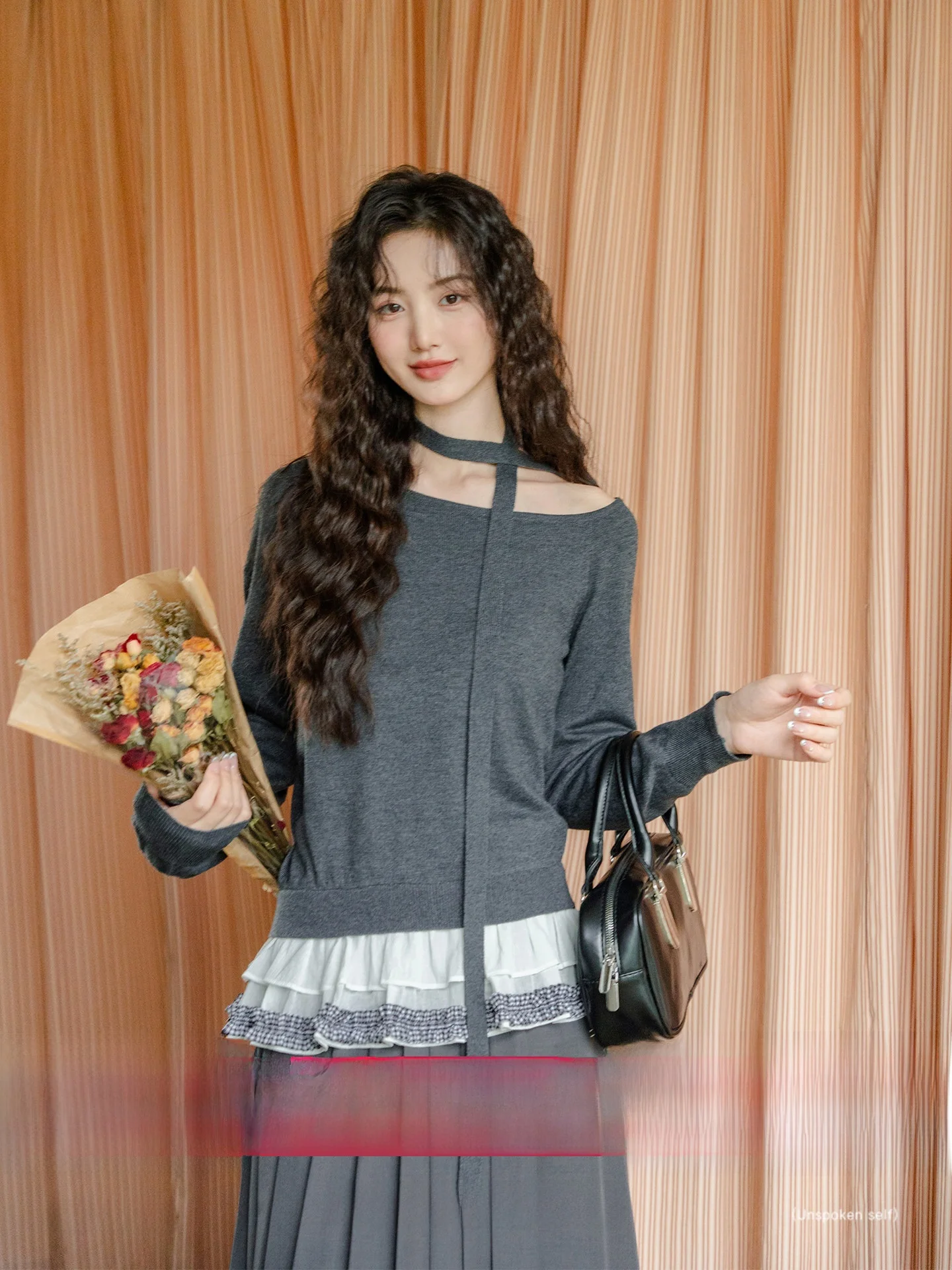 

ay oulder-baring Long Sve Knitted Top French Sle Pure Color Polyester Fiber Soft Comfortable Casual Commute Wear