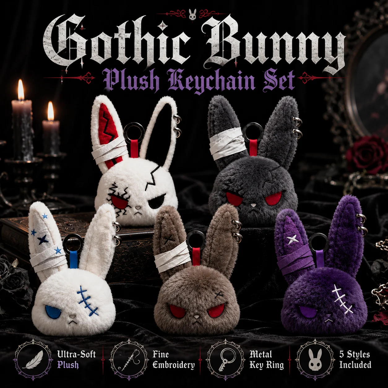 Halloween Gothic-style rabbit fur keychain, cute pendant with bandage, used to decorate bags, car interiors, gift for others