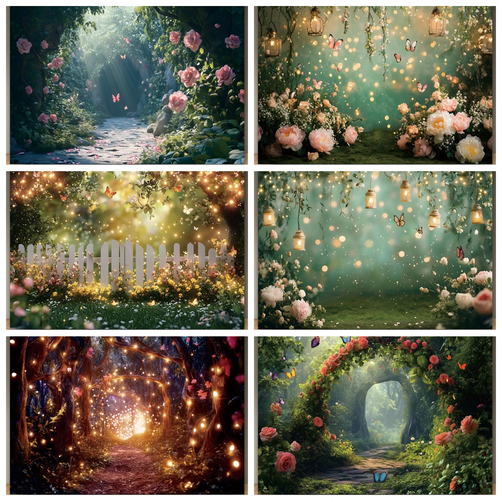 

Spring Green Garden Wonderland Backdrop Custom Butterfly Flower Photo Birthday Party Decor Banner Portrait Photograph Background