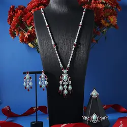 00009 Turquoise Women Long Necklace Sets Cubic Zirconia Necklaces for Women Wedding Engagement Party Crystal Jewelry Accessories