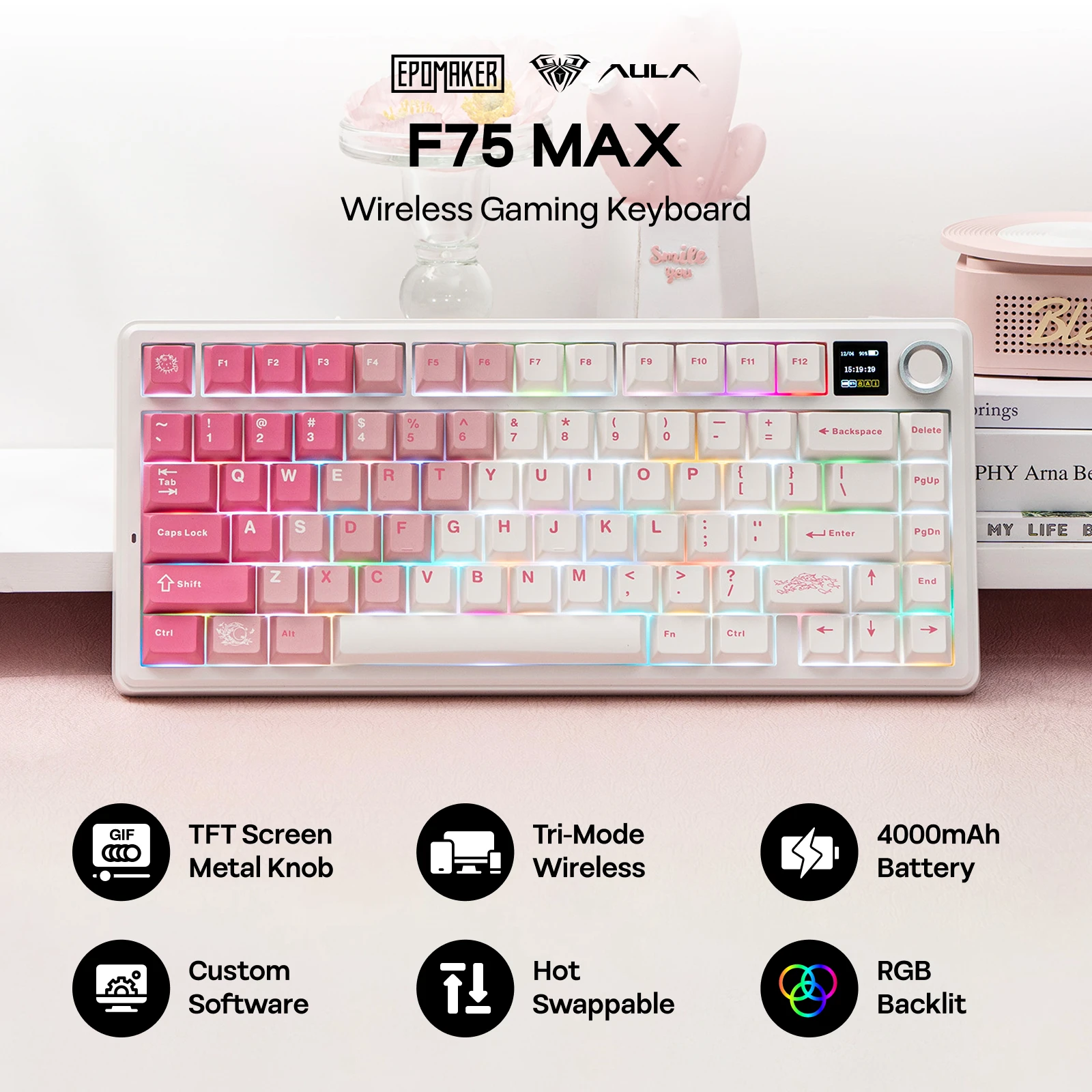 EPOMAKER X AULA F75 MAX 75% ANSI US Layout Bezprzewodowa Klawiatura Mechaniczna Gamingowa z Metalowym Pokrętłem i Ekranem TFT, Obsługa Trzech Trybów — zdjęcie produktu 2