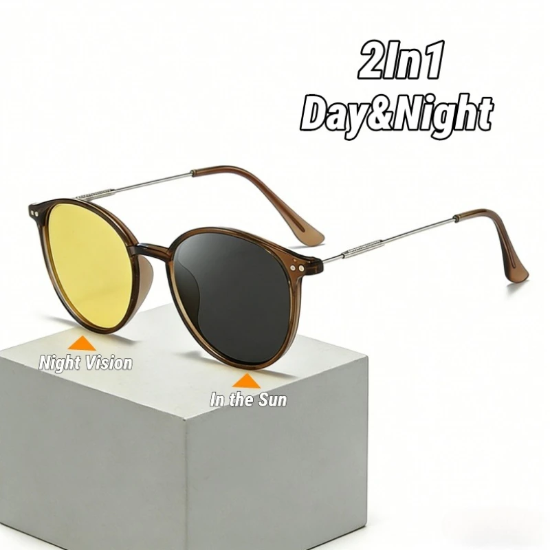 

Photochromic Night Vision Glasses Day & Night Dual-Use Multi-Functional Retro Round-Frame UV Protection Anti-Glare Goggles
