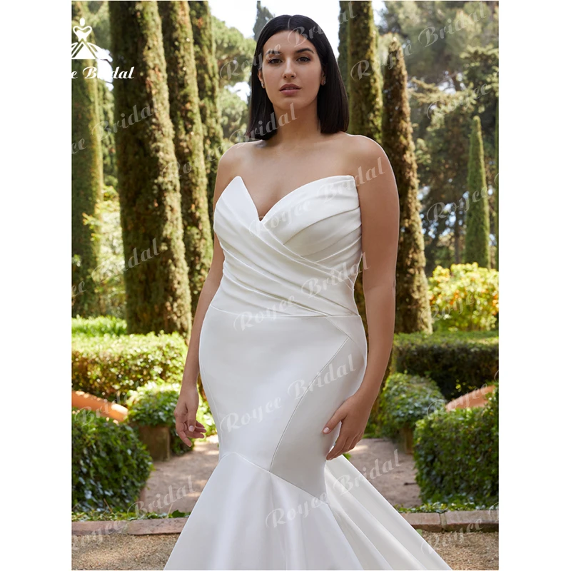 Vestido de novia sencillo de sirena para mujer, traje Sexy con escote en V, sin mangas, plisado con botones en la espalda, de satén, de talla grande