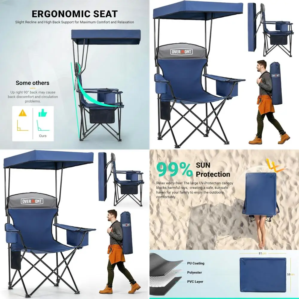 

Camping Chair with Canopy Shade & Cooler Bag - Oversized Folding Beach Chair with High Back Support Big Cup Holder - Portable La