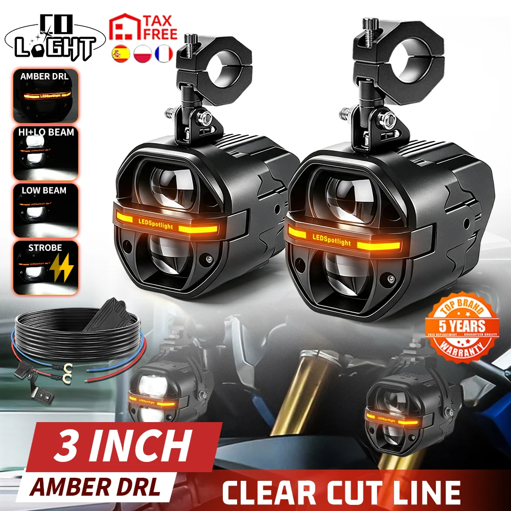 COLIGHT Fari LED da 3 pollici per moto, scooter, bici da avventura, Cruiser, DRL ambra, abbaglianti e anabbaglianti, stroboscopici, con cablaggio, per uso offroad