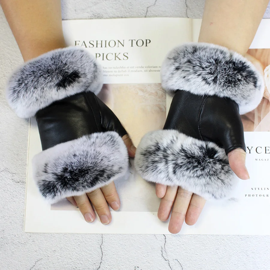 

Fashionable New Sheepskin Fingerless Gloves Women's Black Leather Rabbit Fur Velvet Lined Winter Warm Short Half Finger Gloves