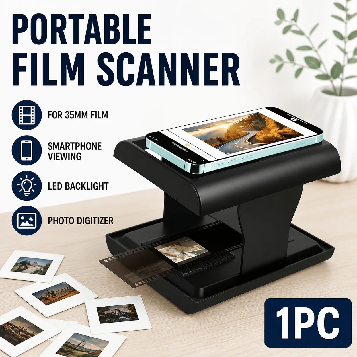 1PC Portable 35mm Film and Slide Scanner with LED Backlight, Smartphone Negative Viewer and Photo Digitizing Converter