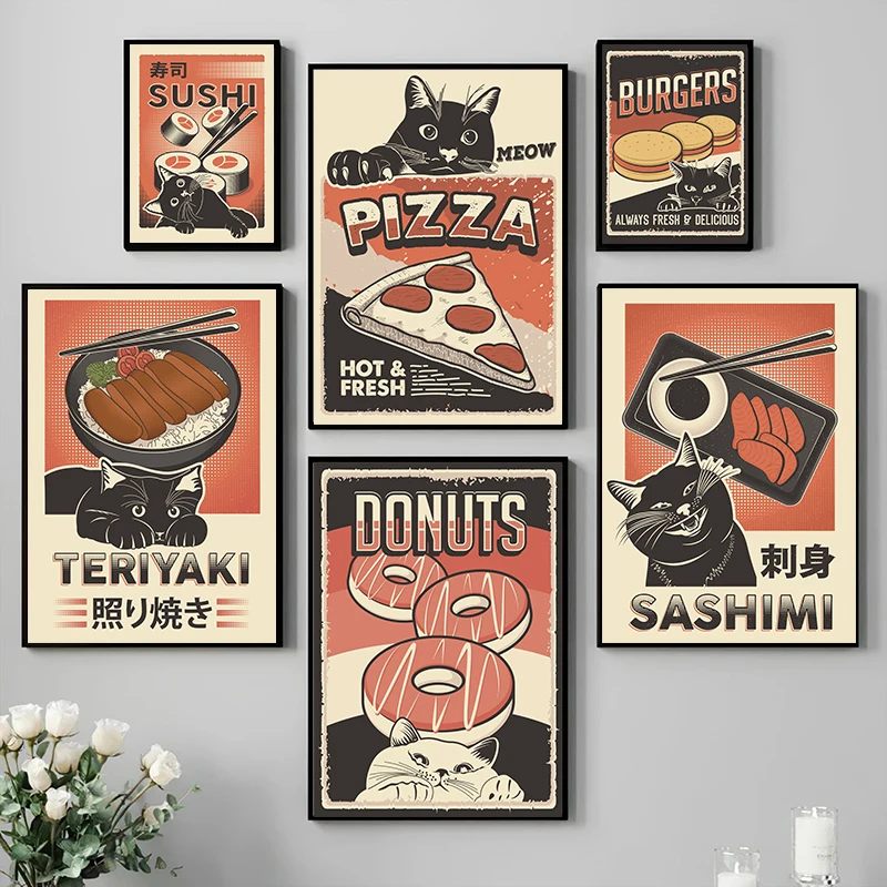 Japan Food Sushi Ramen Sashimi Teriyaki Funny Black Cat Poster Canvas Painting Cute Animal Delicious Wall Art Kitchen Room Decor