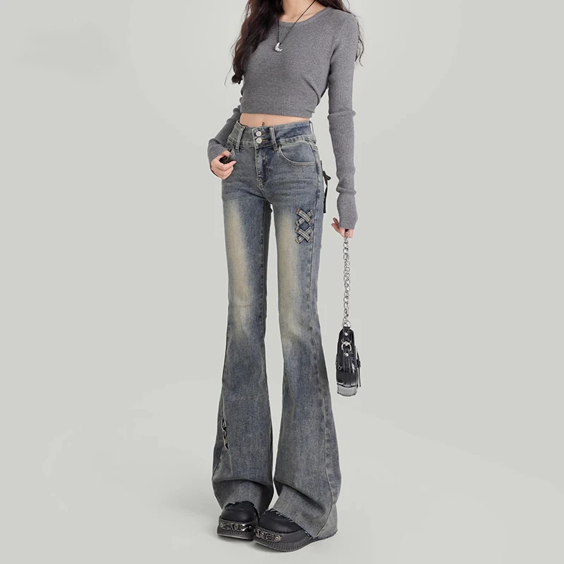 

Vintage Washed Basic Flared Jeans High Waist American Style Slim Denim Pants Button-up Trousers Casual Aesthetic New