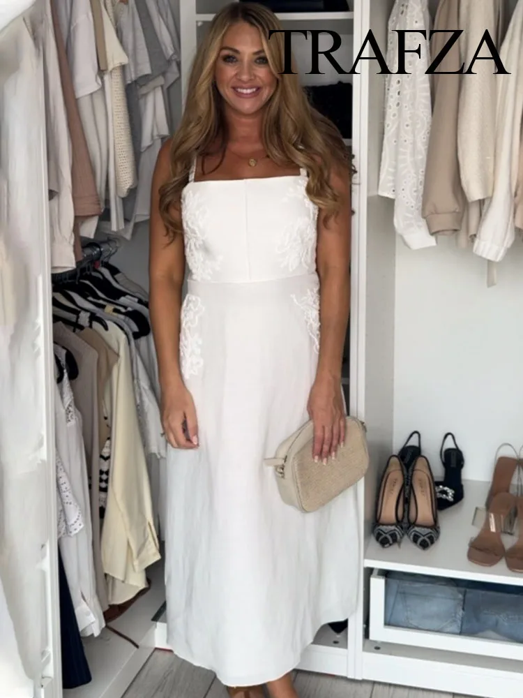 

TRAFZA Women's Summer Elegant Beach Style Dress White Square Collar Sleeveless Embroidery Decorate Zipper Women Fashion Dresses