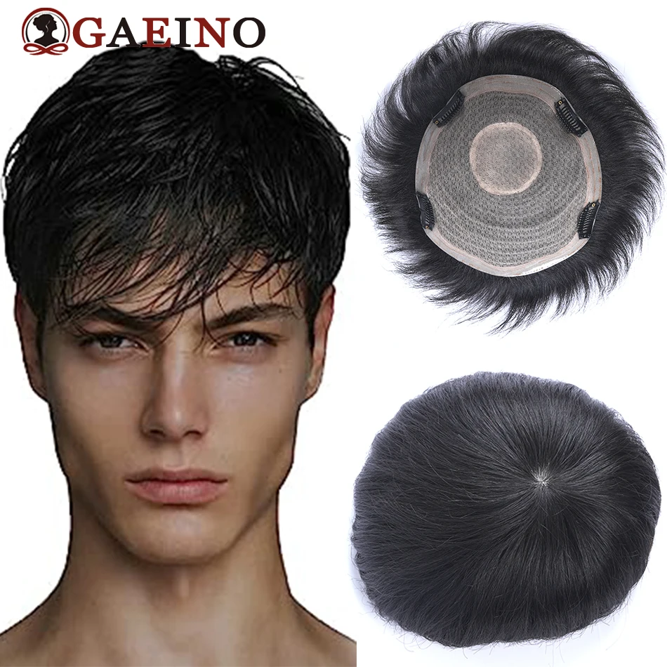 Human Hair Toupee With Clip Natural Black Remy Hairpiece Machine Made Hair Wig Clip In Topper Hair Replacement System For Man