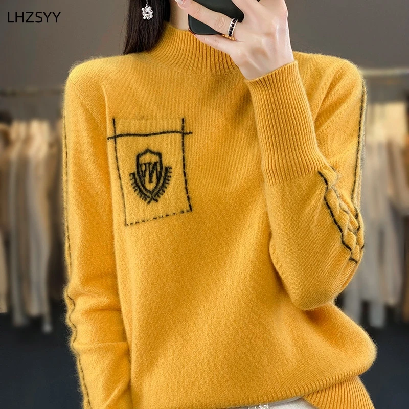 LHZSYY 100%Merino Wool Sweater Women Jacquard Loose Pullovers Autumn Winter Half-high-Neck Fashion Tops Cashmere Knit Base Shirt