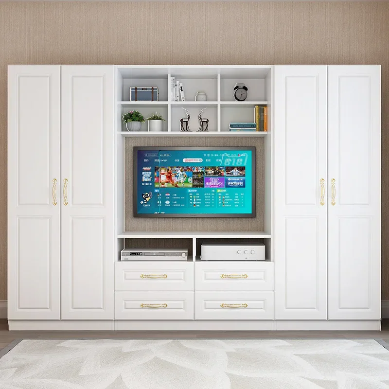 TV cabinet combination wall cabinet, small apartment bedroom wardrobe integration, multifunctional background wall height