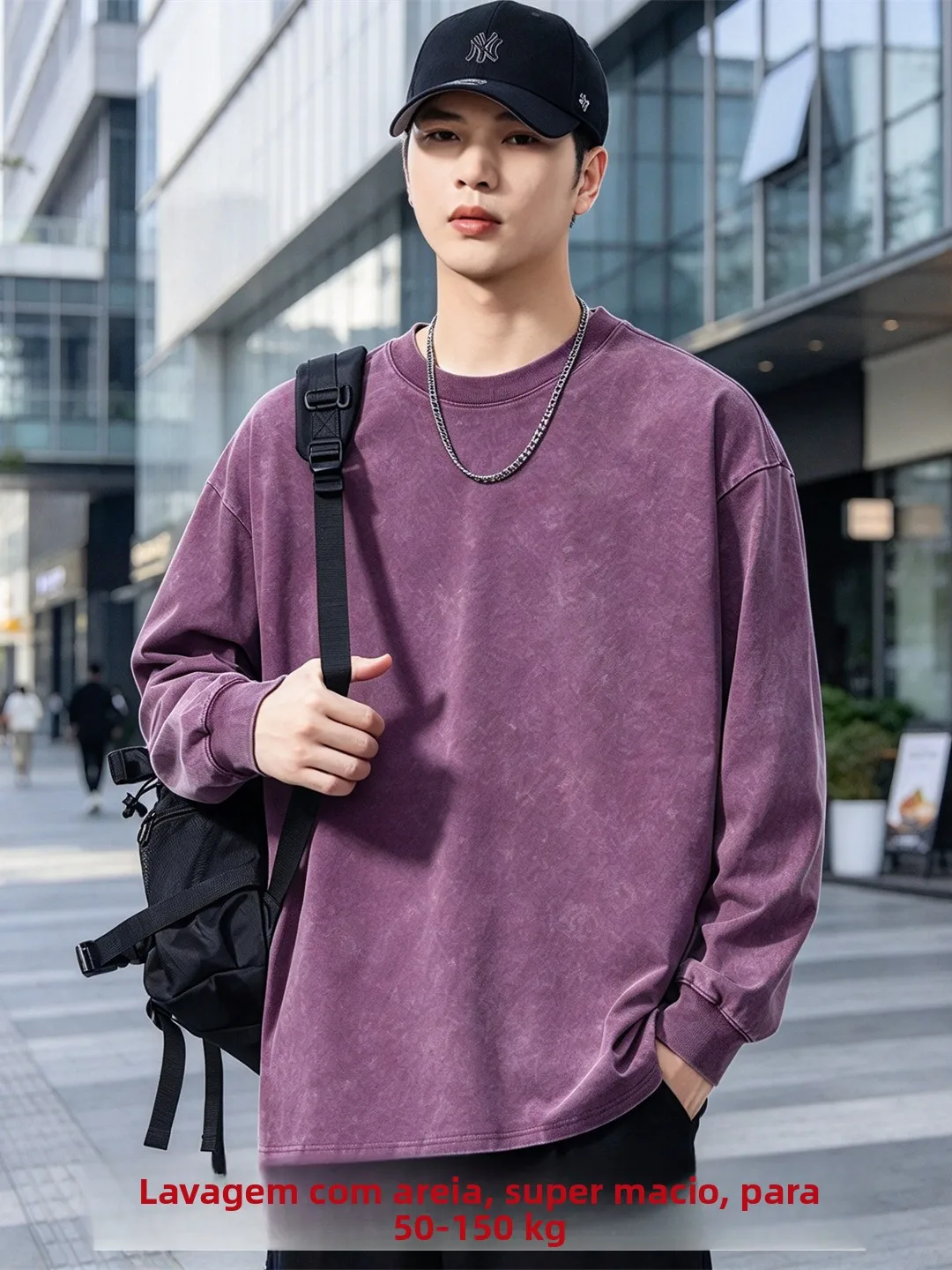Camiseta de Manga Longa com Corte Solto para Homens, Estilo Lavado, Suéter de Gola Redonda, Roupas Casuais Esportivas, Respir...