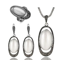 Ajojewel New Arrival White Opal Jewelry Sets Vintage Jewelry Set Stone Earrings Necklace & Pendant