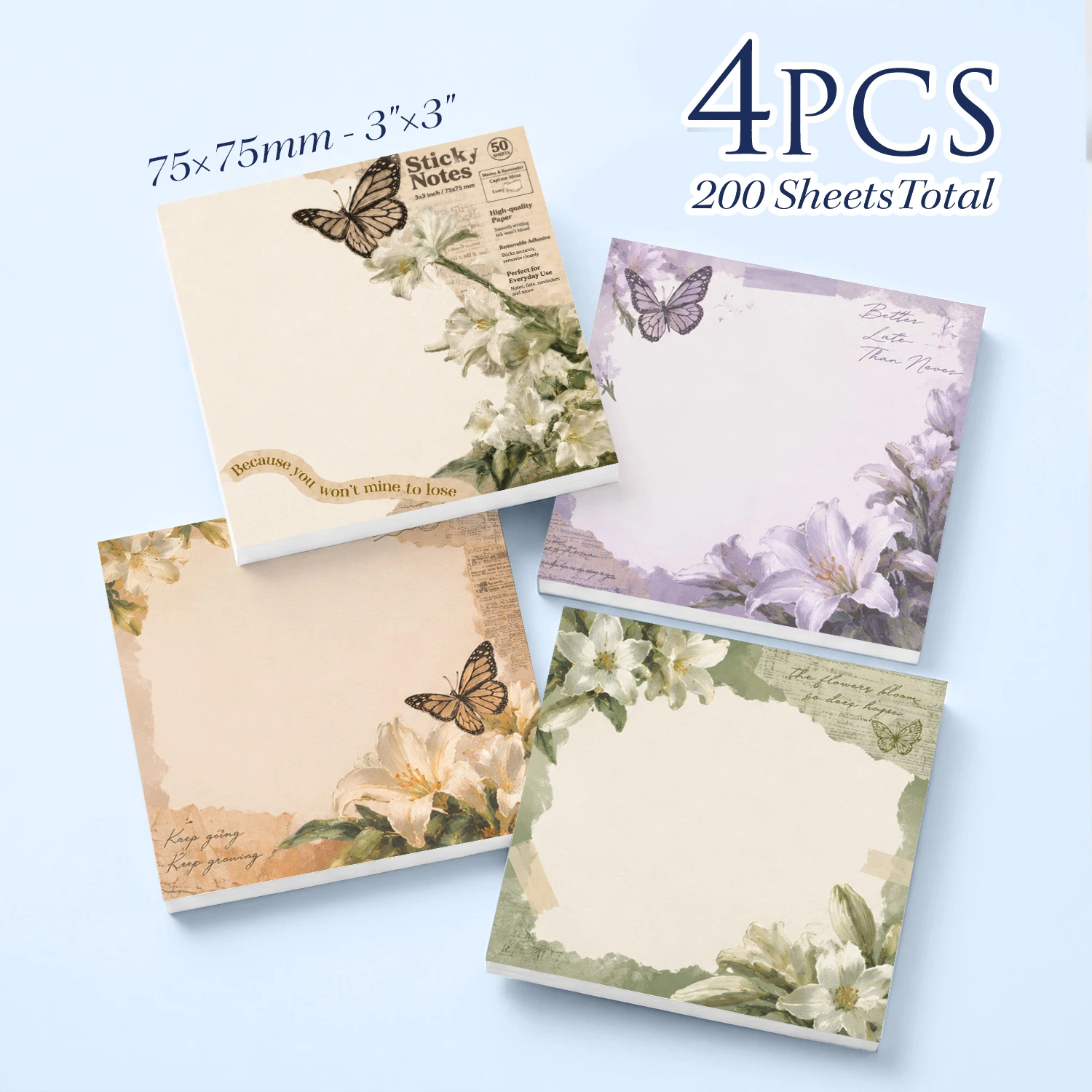 4PCS Floral Butterfly Self Adhesive Sticky Notes 200 Sheets Lily Flower Botanical Collage Memo Pads Elegant Nature Office School