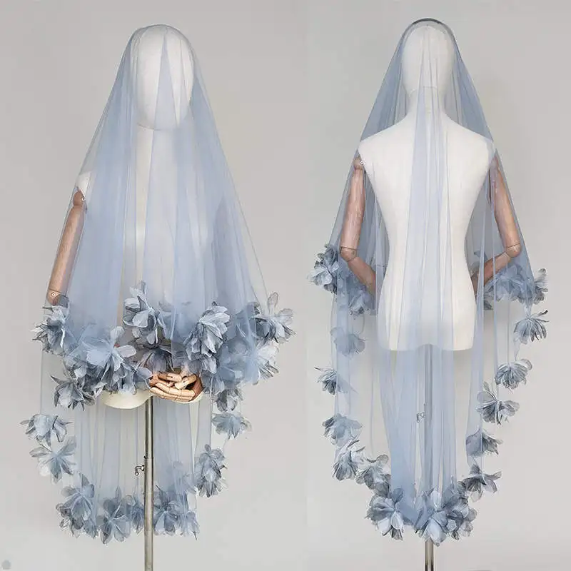 

Romantic Blue Appliques Wedding Veil Handmade Flowers One Layer Long Fingertip Length Bridal Veils Velo De Cabeza