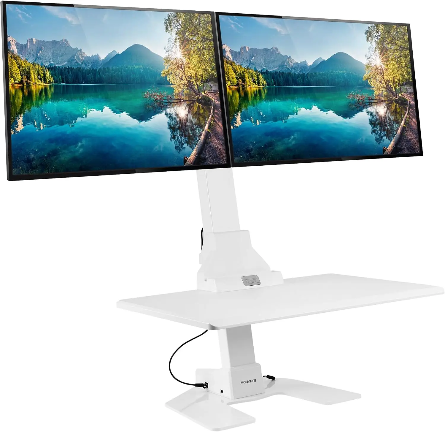 Motorized electric sit stand desk converter dual monitor mounts adjustable height workstation 28 wide platform tablet phone slot