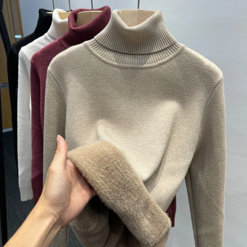 Turtleneck Winter Sweater Women Elegant Thicken Velvet Lined Warm Sueter Knitted Pullover Slim Tops Jersey Knitwear Jumper New