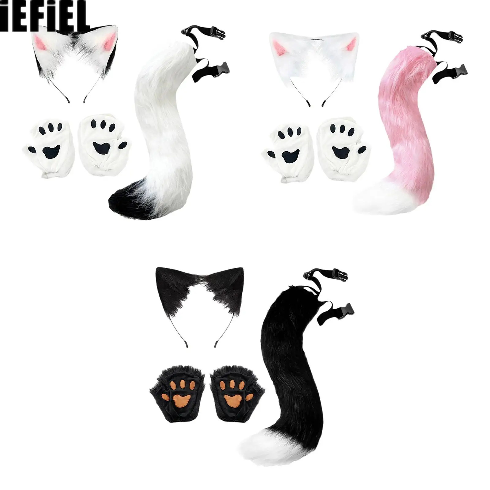 Halloween Faux Fur Cat Ears Hair Hoop with Adjustable Tail And Paw Gloves Cosplay Accessories Set