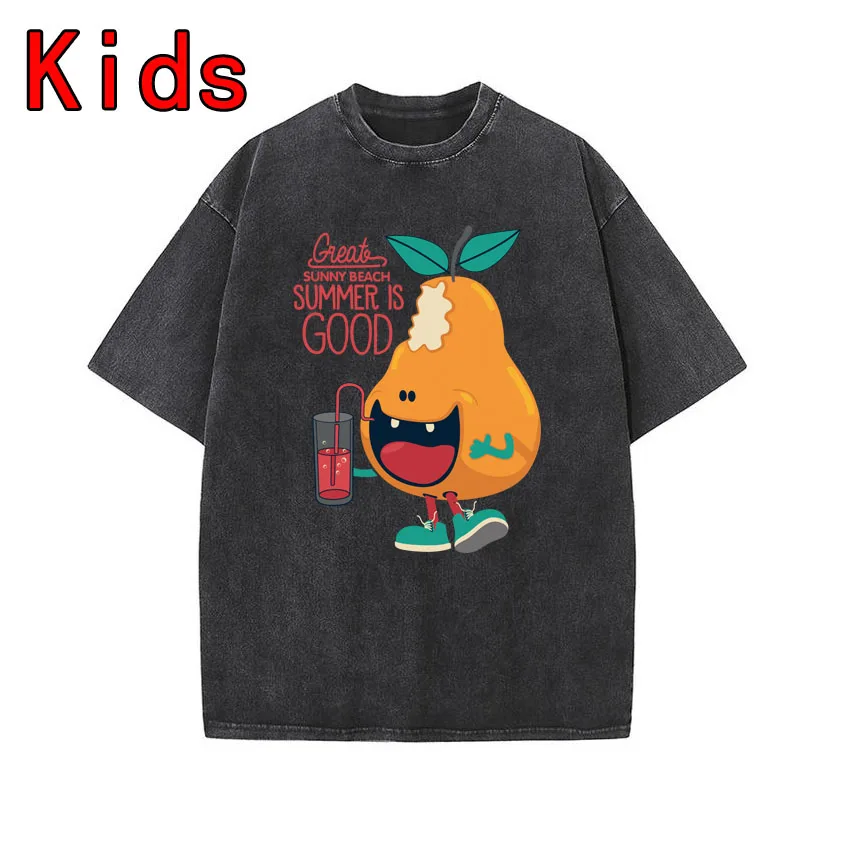 Summer Short Sleeve Children Cartoon T-shirt Cartoon Anime Pomelo Printing Boys Girls Tops Tees Wash Water Retro Kids Clothes