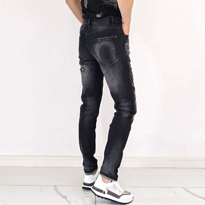 

Y2KHigh street fashion new jeans stretch slim fit washed nostalgic stretch slim fit perforated black gray men's jeans y2khombre