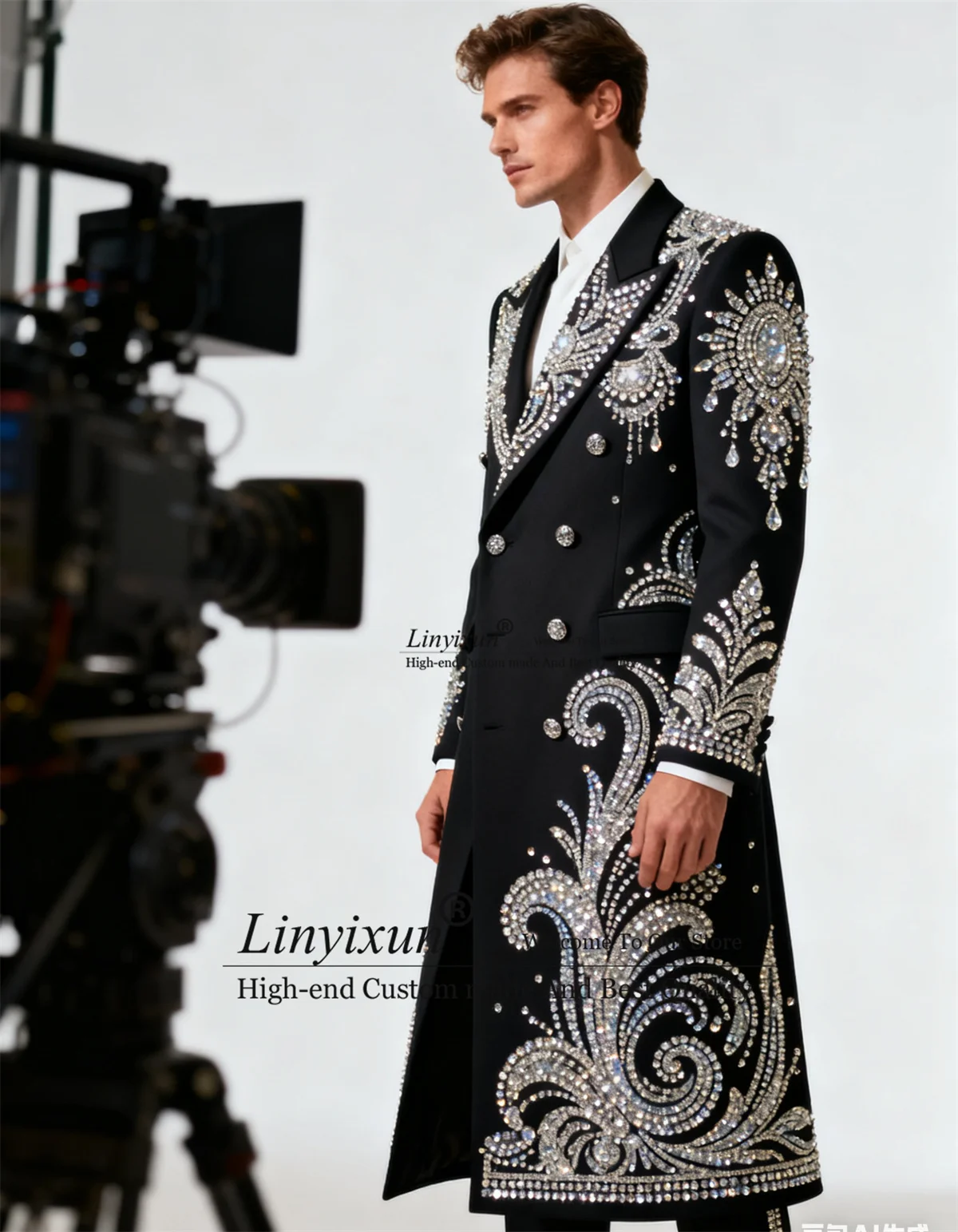 

Glitter Diamond Crystals Men Suits Long Coats Groom Tuxedos Customized Wedding trajes para hombre 2 Pieces Sets Male Prom Blazer