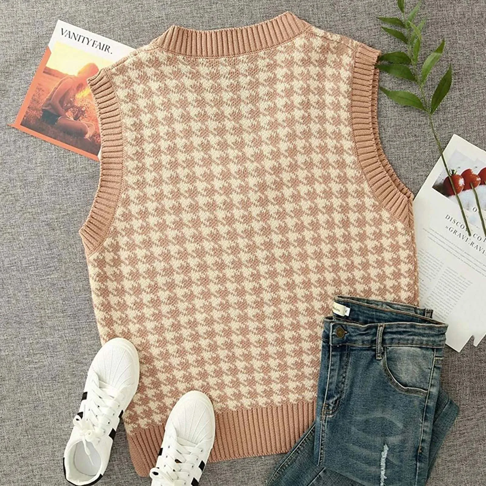 2024 Casual Knitted Fall Winter Sweet Jumper Korean Knitwear Sleeveless Geometric Houndstooth Sweater Vest Women V Neck Pullover