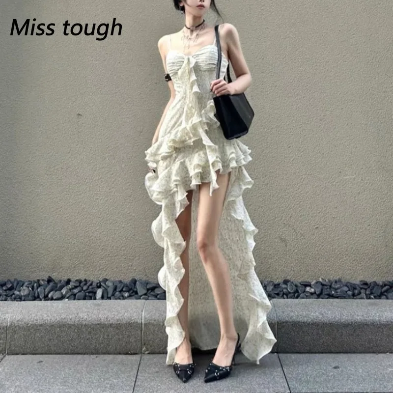 Y2K Spaghetti Strap Unregelmäßige Kleid Frauen Layered Rüschen Schlank Sexy Party Kleid Sommer Neue Prom Robe Hochzeit Vestidos Mujer