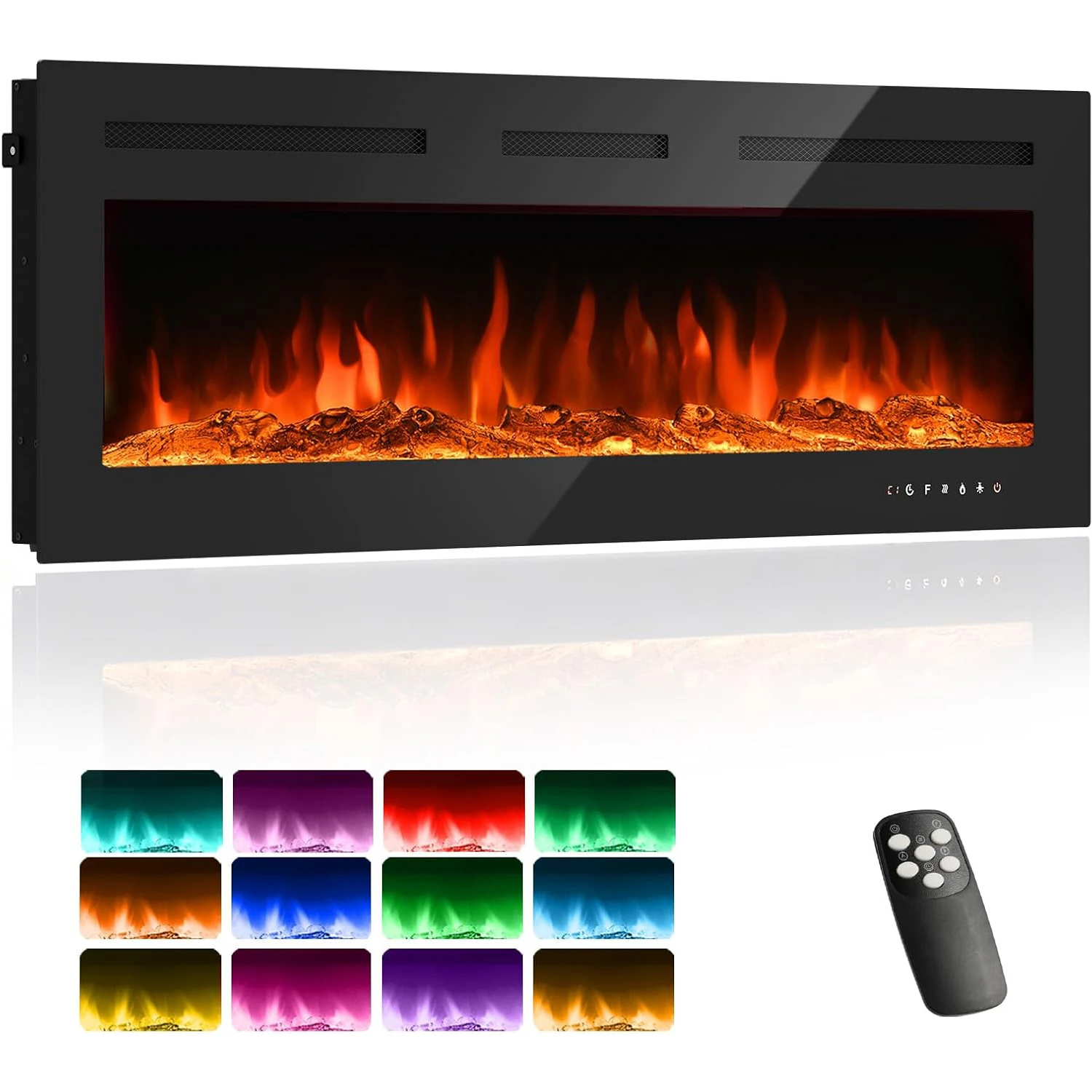 220 V 1800 W wandmontierter 3-in-1-Elektrokamin mit 3D-Flammeneffekt, 12 Farben, Fernbedienung, Timer und Thermostat