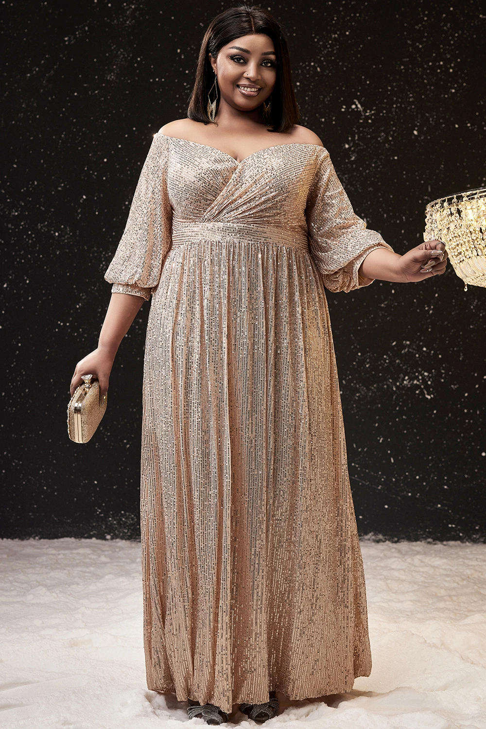 Women Plus Size Formal Dress Apricot Sequin Maxi Dress Off The Shoulder Puff Sleeve Cocktail Wedding Guest Elegant Dresses