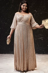 Damska sukienka wizytowa Plus Size Apricot Sequin Maxi Dress Off The Shoulder Puff Sleeve Cocktail Wedding Guest Elegant Dresses