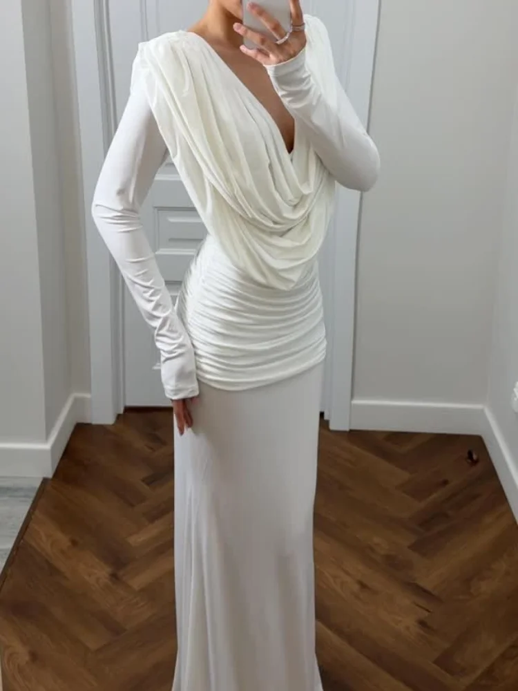 

Swing Collar Backless Maxi Dress, Elegant Long Sleeve Pleated Evening Gown, High Waist Summer Party Dress for Women